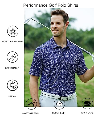 Alex Vando Mens Golf Shirt Moisture Wicking Quick-Dry Print Performance Polo Shirts for Men