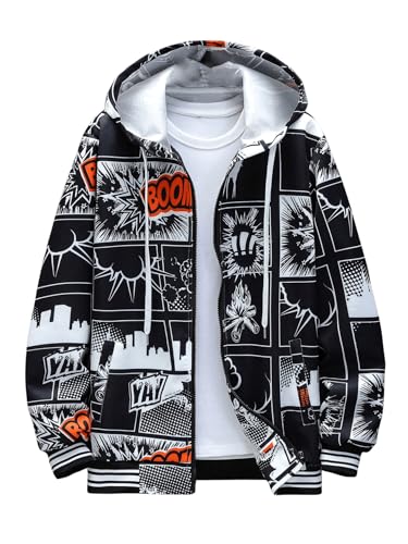 SHENHE Men's Zip Up Hooded Jacket Graphic Print Streetwear Bomber Jacket Outerwear
