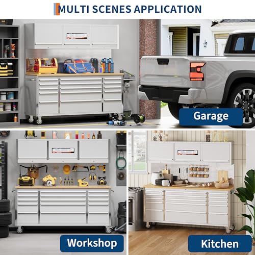 Image of PeakPursuit 72 inch Rolling Tool Chest with 15 Drawers, Solid Rubber Wood Workbench Top, Locking Wheels & Key Lock, Mobile Garage Tool Cabinet for Workshop Storage and Organization, Silver