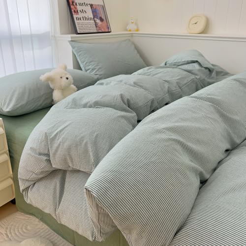 Image of mixinni Green Striped Duvet Cover Full Size - 100% Washed Cotton Pinstripe Comforter Cover with Zipper Closure, Lightweight & Breathable, 3 Pieces Minimalist Stripes Pattern Printed Bedding Set
