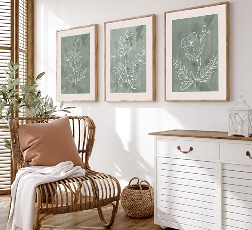 3Pcs Sage Green Botanical Wall Art Line Drawing Floral Canvas Poster Prints Modern Abstract Minimalist Picture Neutral Boho Artwork Simple Painting Wall Decor for Living Room Bedroom 12x16in Unframed - Image 3