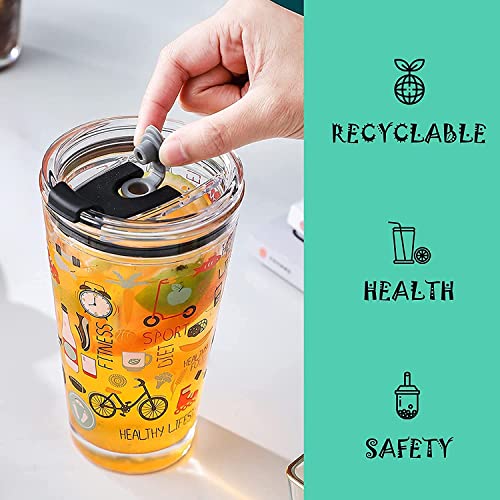 Image of ANKUL Set of 2 Printed Glass Tumblers with Lid and Straw - 350 ml Reusable Smoothie & Water Glasses - Cold Drink Cups (Random Design) (2, Patiyala)