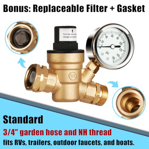 Image of SheeChung RV Water Pressure Regulator, Brass Lead-Free Adjustable Water Pressure Reducer with Gauge, Screw-Adjustable 0-160 PSI, 3 /4 inch GHT for RV, Camper, Trailer, Garden Hose