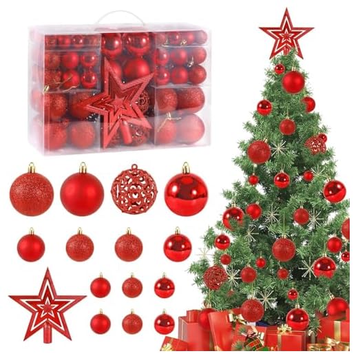 CIRULLI Juego de 101 Bolas de Navidad Rojas - Bolas de plástico para árboles de Navidad de diámetro Ø3, 4 y 6 cm - Adornos navideños de Bricolaje - Adornos navideños - con Dispositivo para Colgar