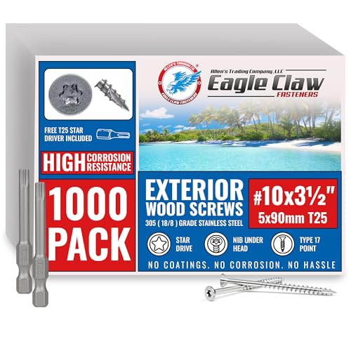 Image of #10 x 3 1 /2 Inch Stainless Steel Deck Screws | 305 Grade (1000 Pack) | Flat Head T25 Star Torx Drive | Stainless Steel Screws by Eagle Claw Fasteners | Corrosion & Rust Resistant (Incl. 2 Driver Bits)