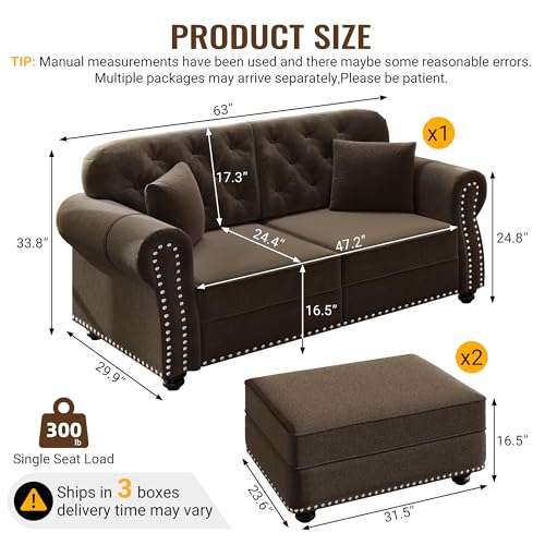 Image of KEIKI 63 inch Velvet Chesterfield Sofa with Rolled Arms & Nailhead Trim & 2 Ottoman, Modern 2-Seater Button Tufted Couch with High Resilience Cushion & 2 Pillow, Easy Assembly, for Living Room, Brown