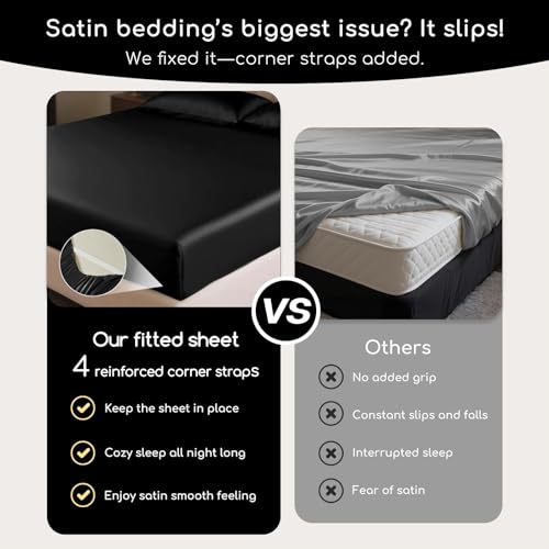 Image of MR&HM Satin Sheets King Size with Elastic Corner Straps, 4-Piece Silky Bedding Set, Deep Pocket 15 Inches, Good for Hair & Skin (King, Black)