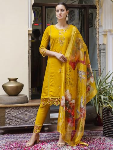Image of VredeVogel Kurta Set with Dupatta | Viscose Roman Silk Embroidered Kurta Set for Women | Women's Ethnic Casual Kurti Set |Kurta Pant Festive Suit
