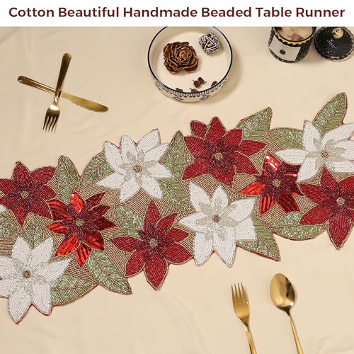 Image of Cotton Beautiful Silver Beaded Table Runner Craftsmanship | Pack of 1 Measure 13 * 36 Inches| Thanksgiving - Occasional Decoration Red Multi Flowers, Medium