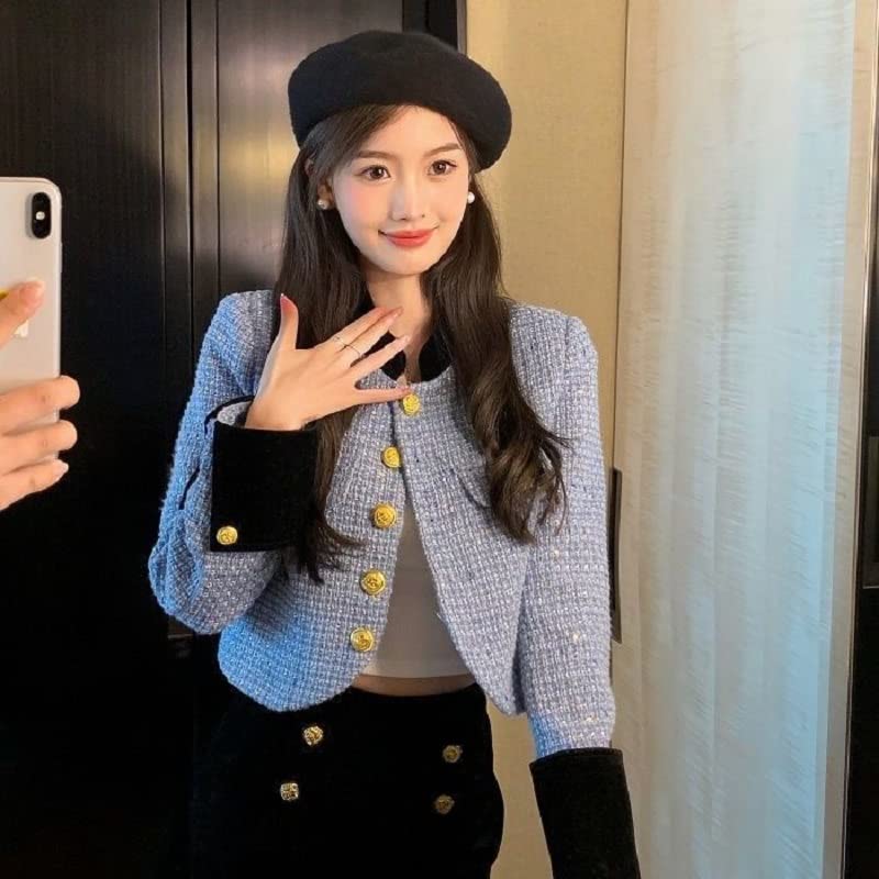 CHONG FENG XIA Autumn Women's Stand Collar Slim Single Breasted Tweed Suit Coat - Patchwork Blazers2