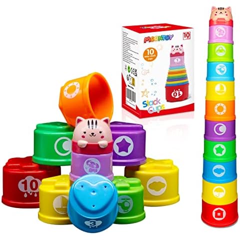 MOONTOY Baby Stacking Cups,11pcs Toddler Stacking Toys for 1 Year Old Boy & Girl, Infant Stackable Bath Toys with Numbers, Letters, Patterns, Development Educational Toys Gifts for 1 2 3 Years Old Cover