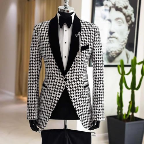 Men's Houndstooth Suit Shawl Lapel One Button Jacket Pants Two Pieces Set for Casual Groom Banquet2