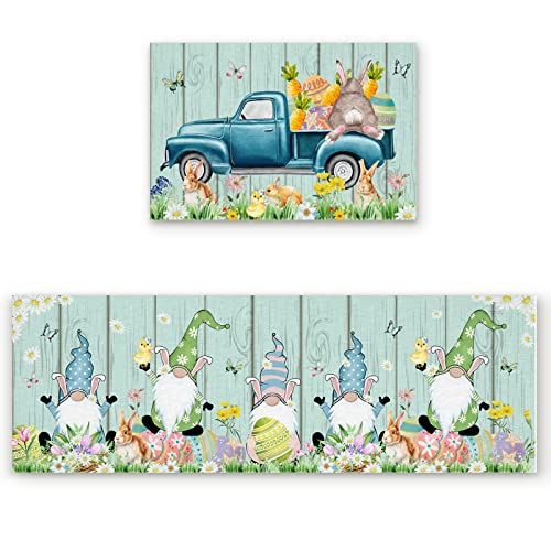 2 Piece Easter Day Kitchen Rug Set Easter Bunny Indoor Floor Mats For Spring Summer, Gnomes Mat Runner Rug Carpet Mat For Kitchen Home Decor (15.7" X 23.6"+15.7" X 47.2") - Easter Eggs Truck Rabbit #TOP1