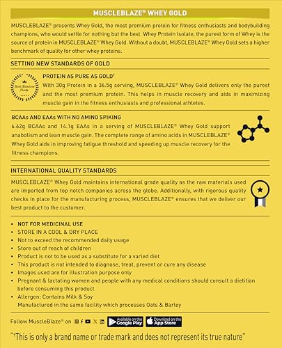 Image of MuscleBlaze Whey Gold, 100% Whey Protein Isolate, Labdoor USA Certified, 30g Whey Protein Per Scoop (Mocha Cappuccino, 2kg / 4.4lb)