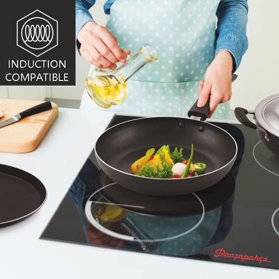 paasapahce Fry Pan with SS lid, Induction Base, 23.5cm Diameter, Non Stick Frying Pan, Induction & Gas Compatible, Black