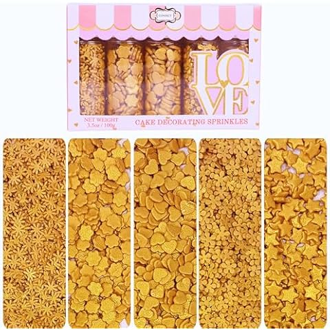 Confect Christmas Sprinkles | Gold Sprinkles | Mix Heart & Star | Flower & Snowflakes Sprinkles | Cake Decorating Sprinkles | Edible Sprinkles for Cupcakes - 3.5 Oz Cover