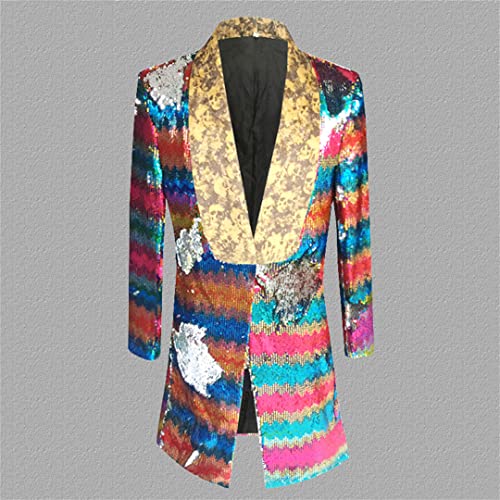 Mens Shiny Rainbow Laser Sequin Extra Long Suit Jacket Shawl Collar Glitter Cardigan Jackets3