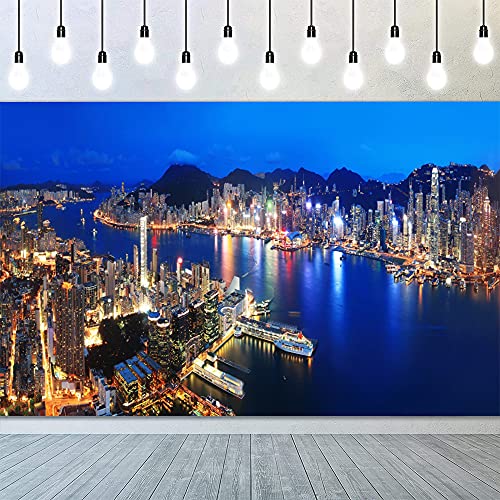 YongFoto 8x6ft City Backdrop Hong Kong Night View Skyscraper Seaport Photography Background River Night City Scene Backdrop Aerial City Night View Theme Backdrop for Photo Studio Props