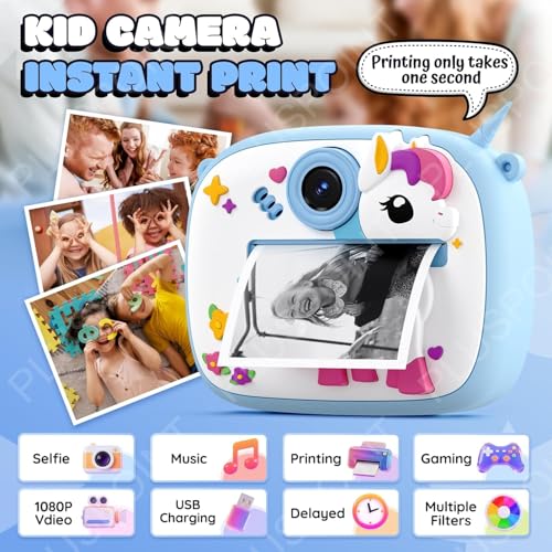 Image of PLUSPOINT Unicorn Cute Instant Print Camera for Kids, Dual Selfie Digital Camera with 1080P HD Videos Recoding, Instant Photo Printer Best Birthday Gift for Boys and Girls