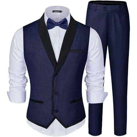 MAGE MALE Men's 2 Piece Suit Slim Fit Formal Business Vest Suit for Men Fashion Casual Wedding Waistcoat Pants Set Navy Blue Cover