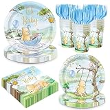 AURORAPARTY 120pcs Winnie Plates Baby Shower Pooh Napkins Classic Bear Baby Shower Decorations Paper Cups Forks Oh Baby Disposable Tableware Set Newborn Kids Dessert Plates for 24 Guests