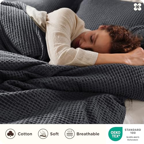 Image of Bedsure Cotton Duvet Cover Set - 100% Cotton Waffle Weave Charcoal Duvet Cover California King Size, PureWoven Breathable Cal King Bedding Set for All Season, 3 Pieces, 104 inchx98 inch