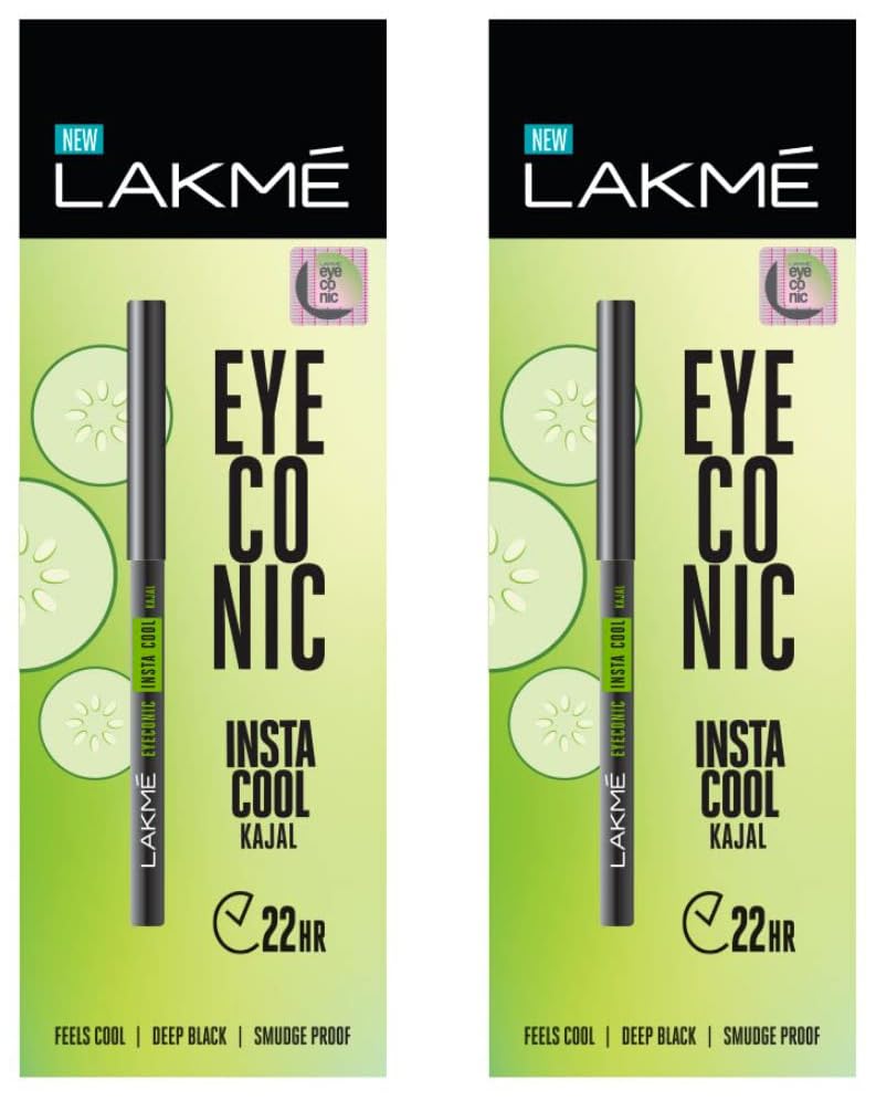 Image of LAKME Eyeconic Insta Cool Kajal, Black, Cooling Kohl Liner with Cucumber, Twist Up Pencil - Waterproof, Smudge Proof & Long Lasting Eye Makeup, Glossy Finish 0.35 g (Pack of 2)