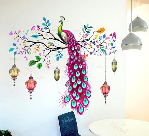Peacock Wall Decal with Hanging Lanterns, Colorful Floral Branch Design, 67 x 56 cm, Decorative Vinyl Art for Home, Living Room
