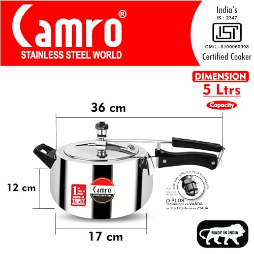 Image of Camro Triply Pressure Cooker 5 litres Stainless Steel | BIS Certified | Kitchen Cookware Pressure Cookers Inner Lid | Globus Rice Cooker Versatile Cooking Utensil | Induction and Gas Stove Friendly