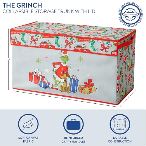 Image of Grinch Dr. Seuss Collapsible Storage Trunk with Lid,Holiday Organizer for Kids Bedroom, Playroom & Nursery,Durable Fabric Box with Handles,Festive Christmas Storage Solution