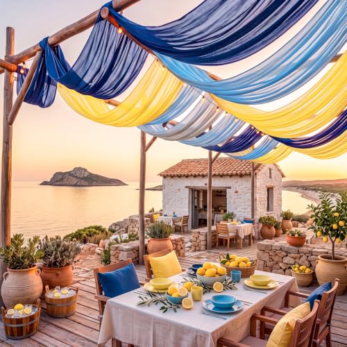 Image of Amalfi Coast Wedding Arch Draping Fabric 3 Panels Blue Yellow Lemon Drapes 2.46 x 20ft Sheer Chiffon Fabric Backdrop for Wedding Ceremony Birthday Party Bridal Shower Decoration