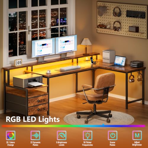 Image of Korfile 66'' L Shaped Computer Desk with Storage Drawers, Power Outlet, LED