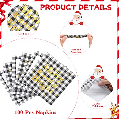 100 Pcs Christmas Plaid Paper Napkins Foil Gold Buffalo Plaid Guest Napkin Merry Christmas Checkered Gingham Napkin Disposable Hand Towel For Xmas Holiday Party Supplies (Plaid A, 10 X 10 Inch) #TOP2