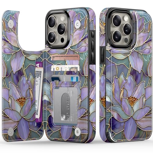 FUNMIKO for iPhone 13 Pro Max Wallet Case with Card Holder RFID-Blocking Military-Grade Protection & UV-Printed Artwork Magnetic Closure with Leather Kickstand - Dreamy Lotus