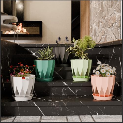 Image of Leafly Set of 5 Multicolor Round Flower Plant Pots (6.3 Inch) with Drainage Tray | Durable Lightweight Planters for Home, Office, Terrace, Balcony & Indoor /Outdoor Gardening (Arrow Flower Pot)