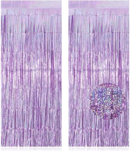 Image of 2 Pack Fringe Curtains Backdrops, Foil Fringe Curtains, Door Streamers for Birthday Wedding Bridal Shower Holiday Graduation Party Decorations, Photo Booth Backdrops, Glitter Light Purple