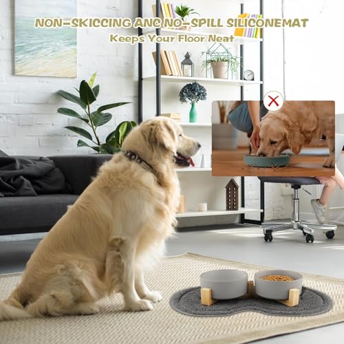 Vexillic Hundenapf Keramik, 400ML Doppel Futternapf Hund, Hundenapf Erhöht mit Bambus Ständer und Rutschfestem Matte für Kleine Bis Mittlere Hunde