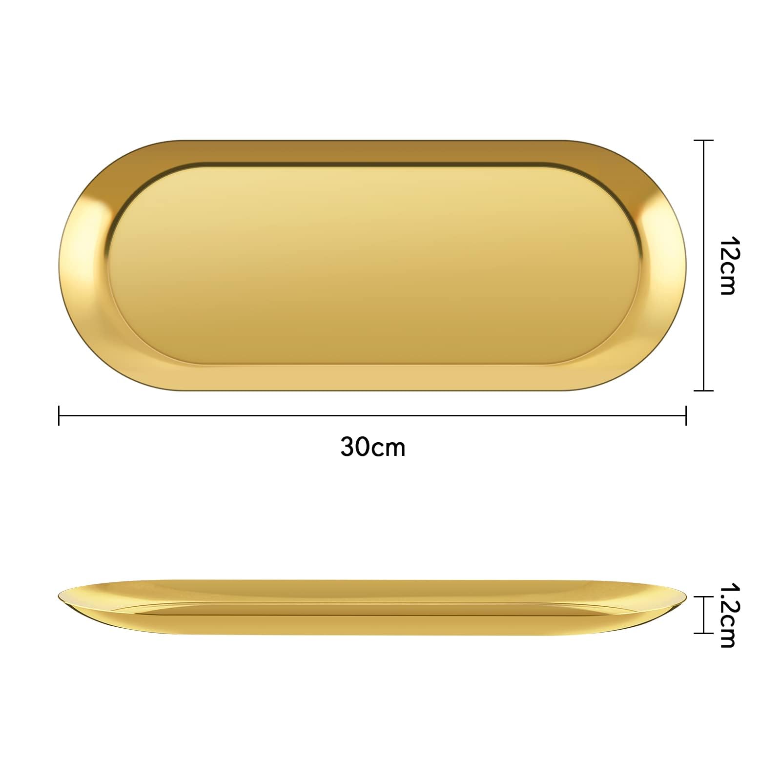 Vassoio da portata in acciaio inox dorato, 2 pezzi Ovale cosmetici vassoio decorativo per piccoli oggetti, vassoio dorato per Caffe, gioielli, candele, 30 x 12 cm