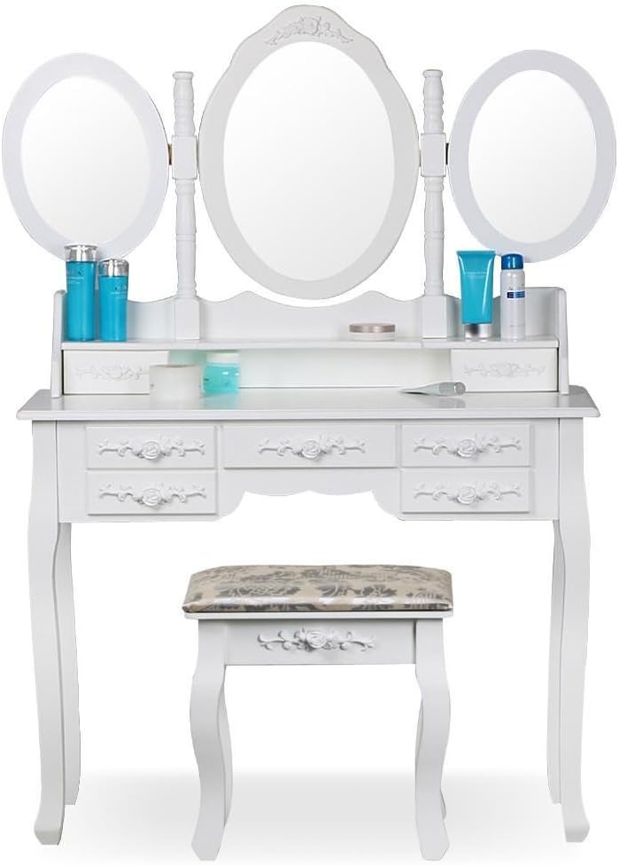Yaheetech White Wooden Dressing Table 3 Oval Mirror Stool Bedroom Shabby Chic 7 Drawers Makeup Desk Sets