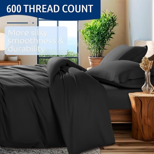Shilucheng 100% Cotton California King Size Duvet Covers - 600 Thread Count, Luxury Sateen Weave Egyptian Cotton Comforter Cover with Zipper Closure,Hotel Bedding Duvet Covers 3 Piece (Black)