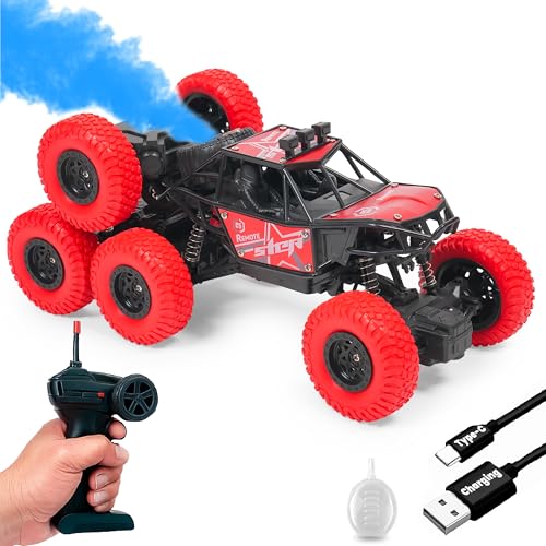 Image of Gooyo GY-104SP Hi-Speed Rechargeable Remote Control Rock Crawler Car with Smoke | 8 Tyres Monster Truck with Spray | 4x4 Off-Road RC Car Toy | Red | in-Built Battery | Gift Box Packaging