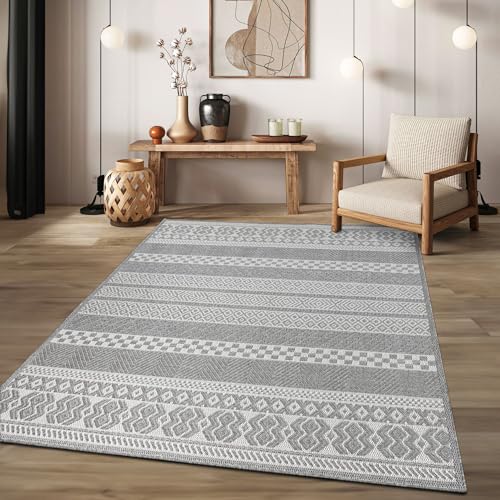 TT Home In-& Outdoor Teppich Wetterfest Balkon Küche Wohnzimmer Boho Rauten Design, Farbe: Grau Weiß, Größe:160x220 cm