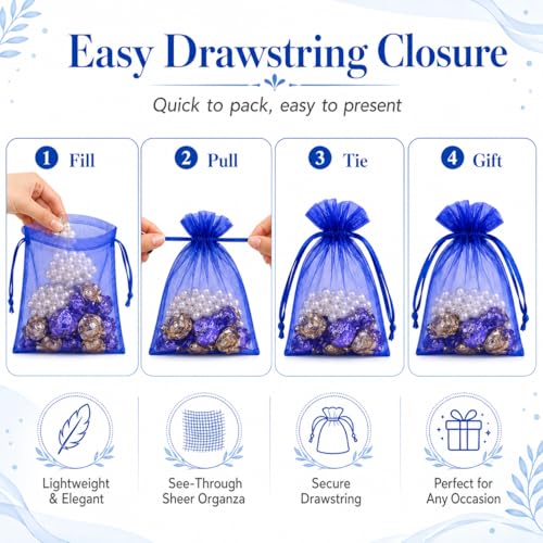 Image of Hopttreely 50pcs Royal Blue Organza Bags, 4x4.72 inch Mesh Bags Drawstring Gift Bags Jewelry Pouches for Candy Wedding Favors Christmas, Bridal Showers, Candy, Jewelry & Goodie Bags