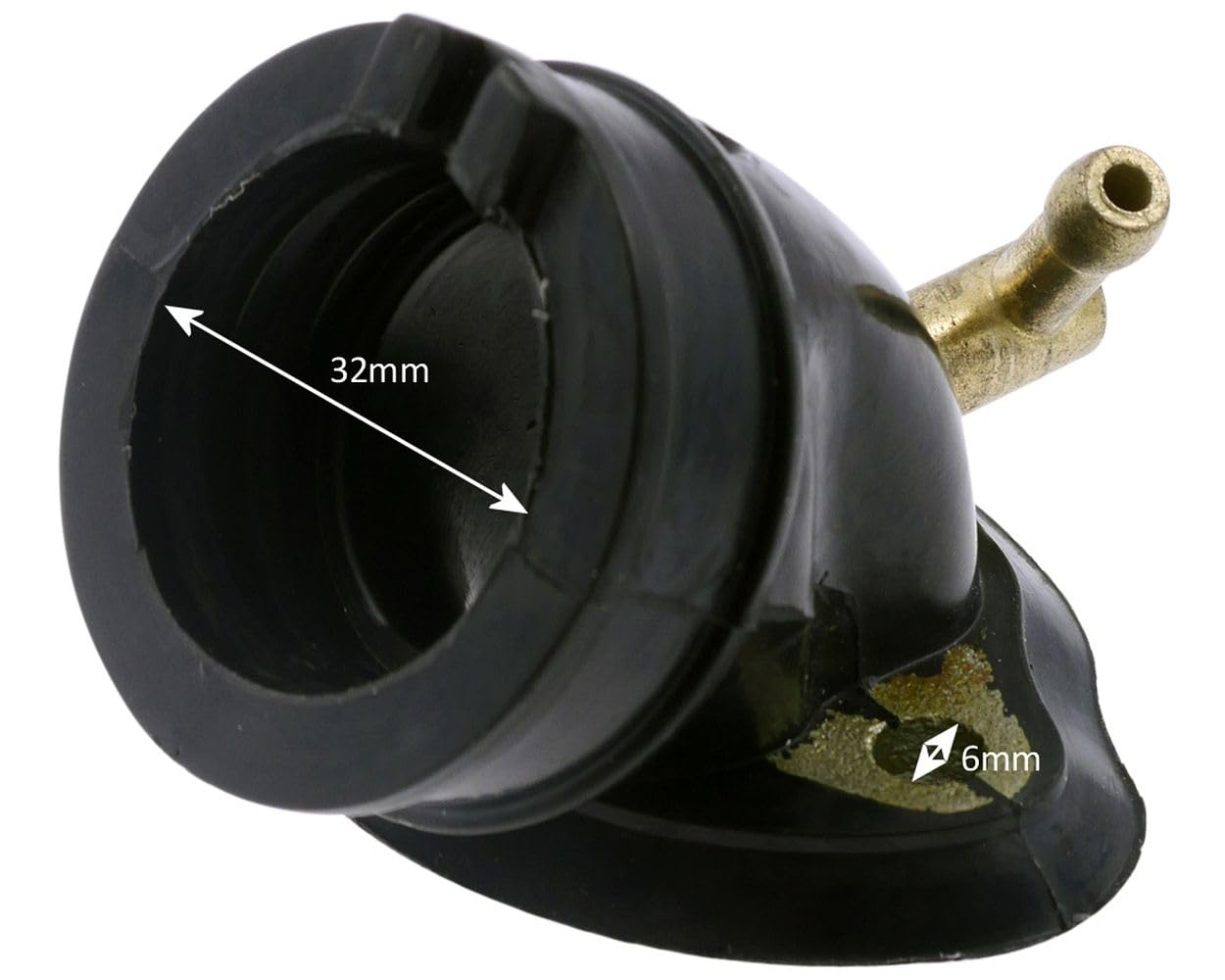 Tubulure compatible avec VESPA ET4 125, compatible avec PIAGGIO Skipper | Côté carburateur 32 mm, entraxe M6 50 mm, dépression 5 mm; compatible avec PIAGGIO Zip 2 125, compatible avec DERBI Boulevard