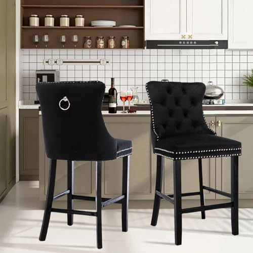Butacos Tapizados en Terciopelo con Espalda y Patas de Madera, Anillo Metálico para Tirar, Sin Reposabrazos, Altura para Isla de Cocina, Pub (Negro), Juego de 2 miniatura 4
