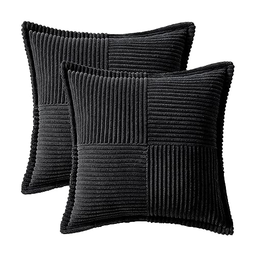 Image of MIULEE Black Corduroy Decorative Euro Sham Pillow Covers 24x24 Inch with Splicing Set of 2 Soft Boho Pillow Covers Broadside Textured Pillowcases for Halloween Couch Bed Livingroom