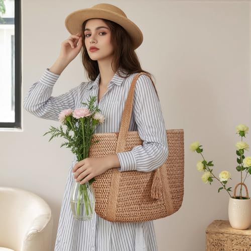 Image of Pleneal Straw Beach Bags for Women - Women Beach Handmade Woven Tote Bag, Summer Mesh Hollow Shoulder Bag for Holiday
