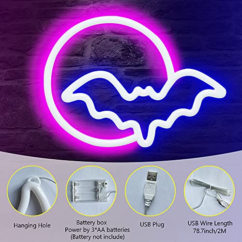 LED Neon Moon Bat Wall Sign USB Battery Powered Room Decor Kids Gift | wall decor Moon and Bat LED Neon Lights - image 2