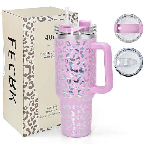 FECBK 40oz Tumbler with Straw and Lid 1.2L, 100% Leak-Proof Travel Mug with Handle, Stainless Steel Vacuum Insulated Water Bottle Coffee Cup Keeps Cold 34H / Hot 12H, Blush Leopard