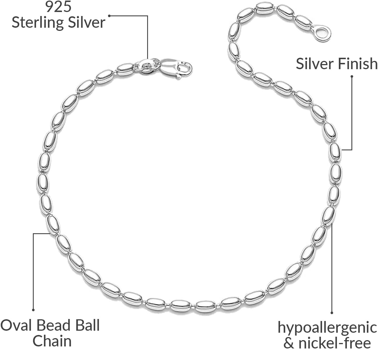 LeCalla Anklets for Women | 925 Sterling Silver Oval Bead Ball Chain Anklet | Oval Rice Bead Strand Chain Anklet for Women | Ankle Bracelets Summer Beach Foot Jewelry - Image 4
